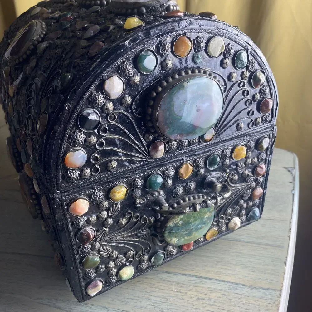 Vintage Moroccan Indian Wedding Jewelry Chest Box Dome Top Mixed Stones